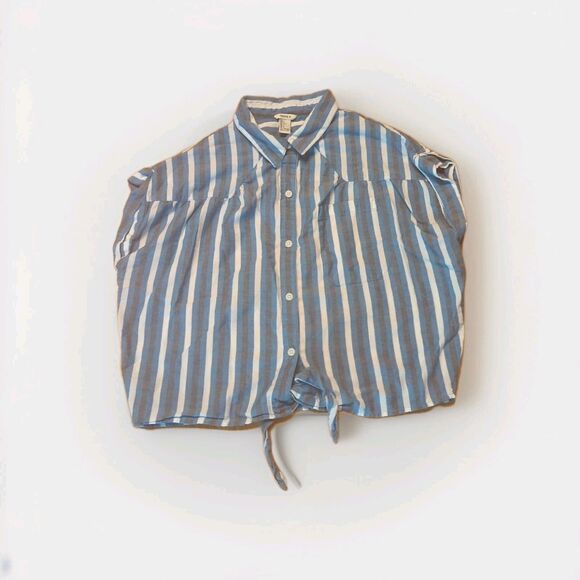 Forever 21 Button Front Shirt Womens Large Blue Stripe Tie Beach Coastal - Picture 1 of 5